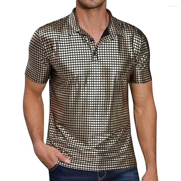 T-shirts masculins mode 70s Disco costume bronzing t-shirt à manches courtes bouton de fête d'été club de fête t-shirt