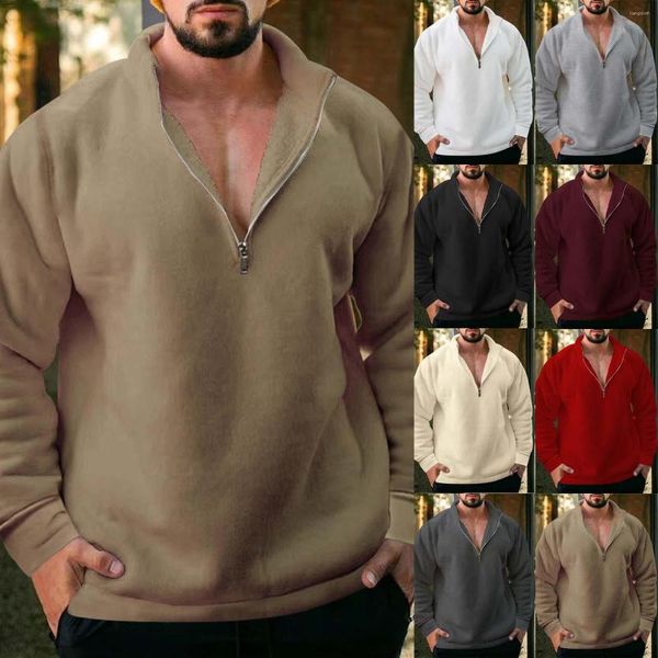 T-shirts pour hommes mode automne et hiver décontracté fermeture éclair manches longues couleur unie chemise rembourrée hauts