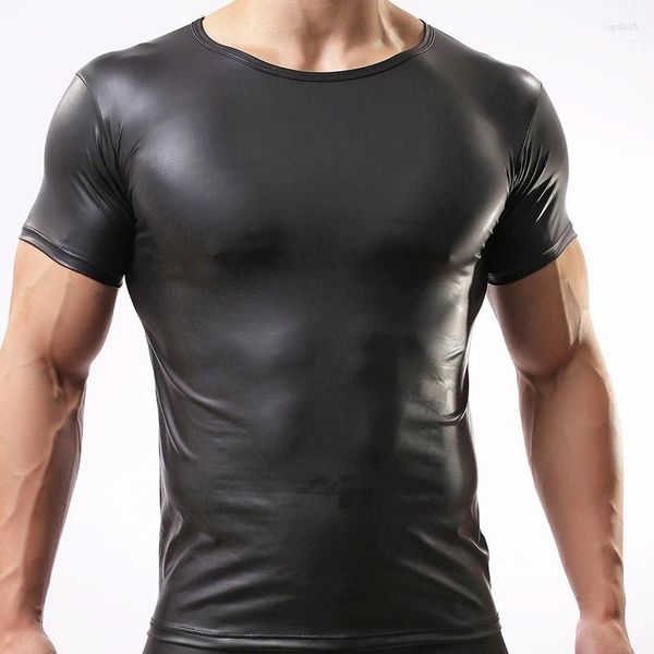 T-shirts pour hommes Marque de mode Hommes Designer Noir Faux Cuir Skinny Chemises drôles / Compression Gay Hip Hop Stage Show Tee Shirt / Undershirt