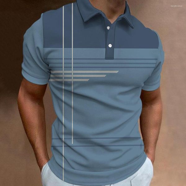 Camisetas para hombre, Polo con estampado de rayas de negocios a la moda, camiseta de manga corta de verano, camiseta con patrón de línea, ropa informal de talla grande