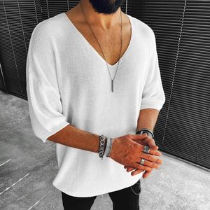 Camisetas masculinas moda casual com decote em v suéter de malha masculino manga curta t-shirt britânica harajuku vintage tamanho grande solto verão masculino camisetas top