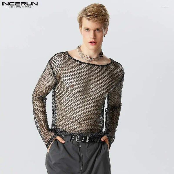 T-shirts pour hommes Mode Clubwear Style Tops Incerun Hommes Sexy Tissu Brillant T-shirts Casual See-through Mesh Mince À Manches Longues S-5XL 2023
