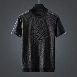 T-shirts masculins mode ethnique motif foncé broderie lotus petal t-shirt à manches courtes t-shirt d'été rond grand t-shirt noir 230321