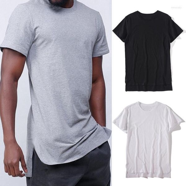 Camisetas para hombres Moda Hip Hop Mangas cortas antes del botín Cuello redondo Camiseta para hombres Hipster sólido Extender ropa de calle larga Camiseta casual Ropa