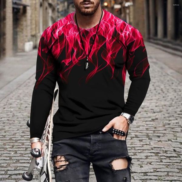 Camisetas para hombre, camiseta de manga larga a la moda para hombre, camisetas con cuello redondo y estampado de fuego en 3d, camiseta de algodón de Hip Hop, camiseta de gran tamaño, ropa de calle para hombre