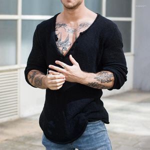 Heren t shirts mode mannen solide diepe v-neck gebreide pullover lente 2023 dunne man tops streetwear casual los