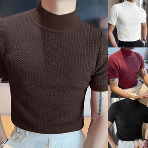 Heren T-shirts Mode Heren Gestreept T-shirt Halfhoge kraag Trui Tee Tops Gebreide trui Slim Fit Topkleding