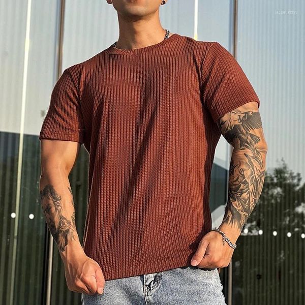 T-shirts pour hommes Mode Hommes Chemise Tricotée Côtelée Couleur Pure Manches Courtes O Cou Slim Sport T-shirt 2024 Été Hommes Vêtements Casual