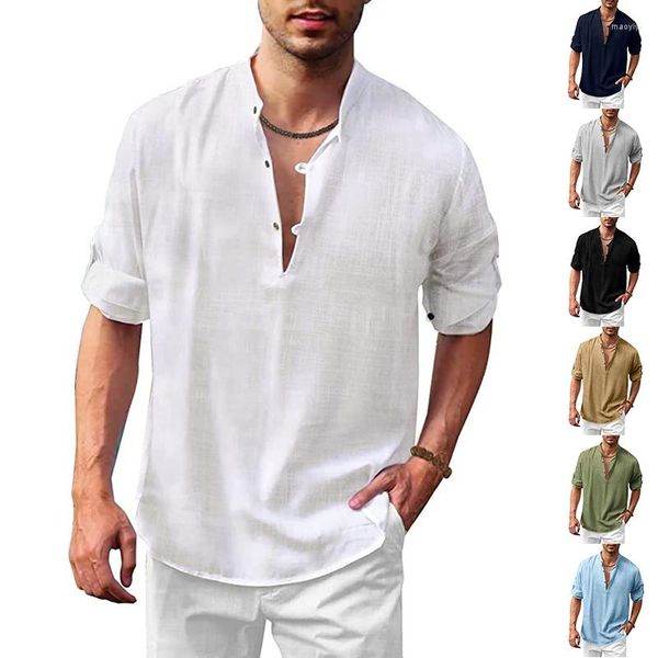 Camisetas de hombre a la moda para hombre de Color sólido de algodón de lino transpirable suelta camisa de cuello levantado vacaciones en la playa estilo diario hombres ropa Tops