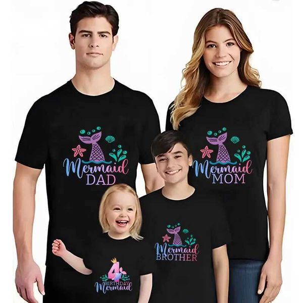 T-shirts masculins T-shirt de fête d'anniversaire de sirène des filles 1 2 3 4 5 6 7 8 9 10 ans Tops Unisexe Kids Black Ts Associement des vêtements de famille T240506