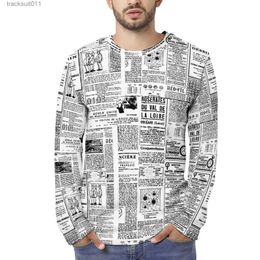 Camisetas para hombres Patrón de periódico de moda Hombres Long Sle T Shirt Imprimir Ligero Streetwear Tops Camisetas L231208