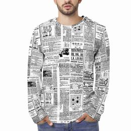 Camisetas de hombre Moda Patrón de periódico Hombres Camiseta de manga larga Estampado Ligero Streetwear Tops Camisetas J230721