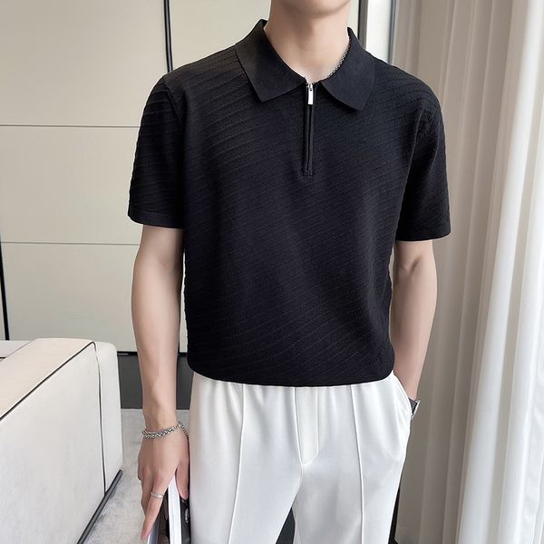 Camisetas para hombres Fashion Fashion Stripes Polo Shirts For Men Clothing Diseño de la cremallera Negocios Casco de manga corta Polos Homme 3xl-M
