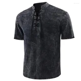 Camisetas para hombre, camisa de gran tamaño a la moda para hombre, camiseta sólida Vintage de manga corta, Top informal holgado con cordones medievales con cuello en V