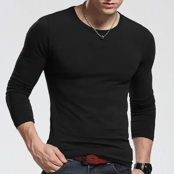 Camisetas para Hombre Moda De Gran Tamaño Casual Modal Estiramiento Manga Larga Camiseta De Color Sólido Cuello Redondo Slim Fit Base Camiseta Tops Camisa