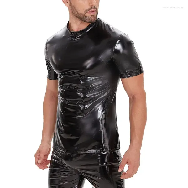 T-shirts pour hommes Mode PVC Shinny Wet Look Faux Cuir 5XL T-shirts À Manches Courtes Tee Solide Noir Rouge Muscle Party Clubwear Tops Chemise