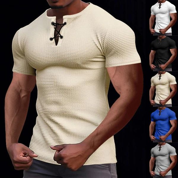 T-shirts hommes mode à manches courtes pour hommes 2024 été décontracté couleur unie col en V à lacets T-shirts hommes Vintage Henley petit haut