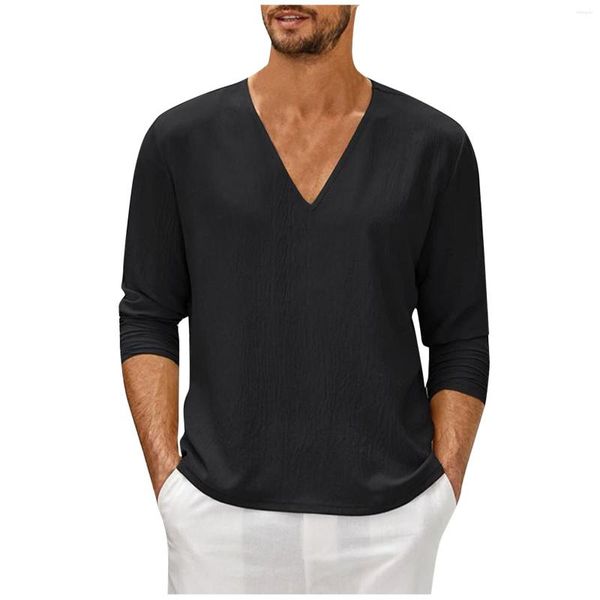 Camisetas para hombre, camisetas de manga larga de Color sólido a la moda, camiseta informal a juego con cuello en V Sexy, camiseta cómoda para hombre