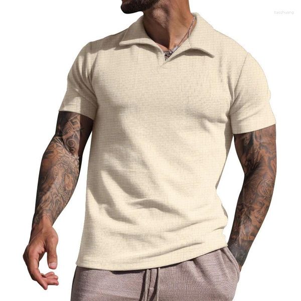 T-shirts pour hommes Mode Couleur unie Polo gaufré pour hommes Été Casual Manches courtes Chemise à col rabattu Hommes Loisirs Hauts amples