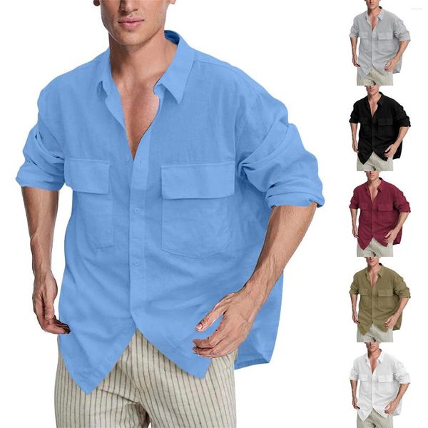 Camisetas para hombre Moda Primavera y otoño Casual Algodón Lino Manga larga Camisa de solapa Tops transpirables