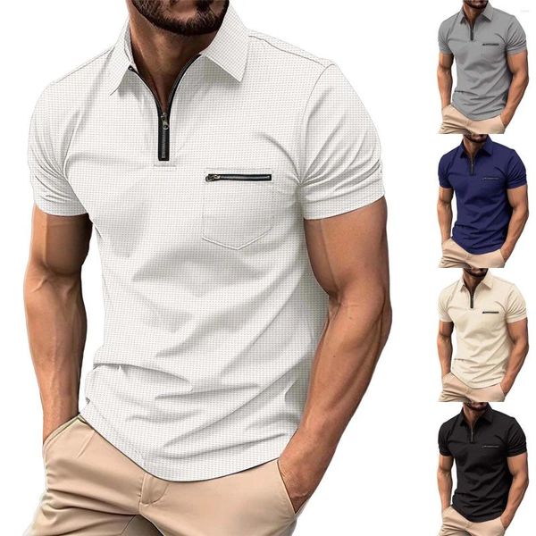 Camisetas para hombres Moda Primavera y verano Casual Manga corta Cremallera Solapa Color sólido Spandex Grueso para hombres