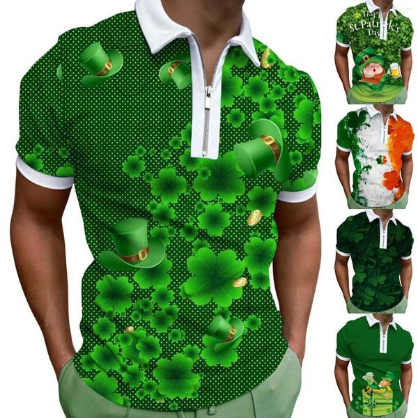 Camisetas para Hombre Moda Primavera Verano Casual Manga Corta Cremallera Solapa Color Sólido Camisa Tops St. Day Impreso