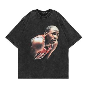 T-shirts masculins Fashion Spring Summer Tops for Men Washe Water T-shirt Basketball MJ Print Oversize Ins