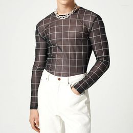 T-shirts pour hommes Style de mode T-shirts à carreaux transparents à manches longues Sexy mince Streetwear col rond hauts noir S-4XL