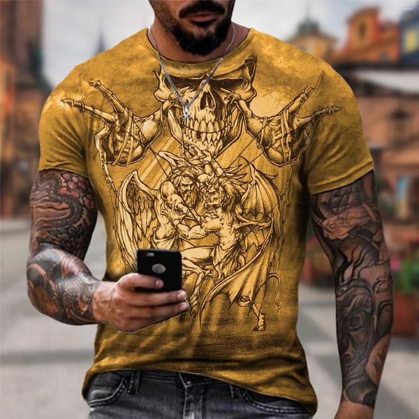 Camisetas para Hombre Moda Verano Calavera Dorada Camiseta con Estampado 3D Cuello Redondo Gótico Manga Corta Camisa Informal para Hombre