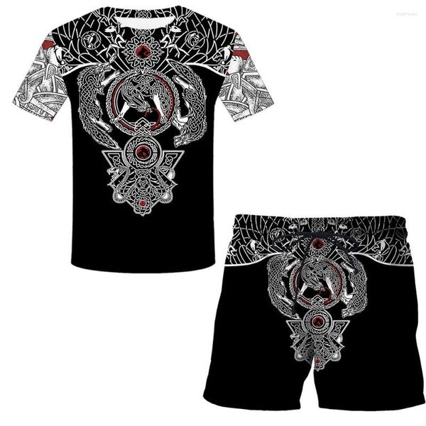 T-shirts pour hommes Mode Été T-shirt pour hommes Ensemble Viking Tattoo 3D Short d'impression Séchage rapide Deux pièces Sports décontractés à manches courtes