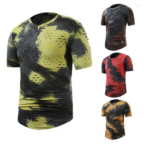 T-shirts pour hommes Mode Été Slim Casual Tie Dye Tendance Trou Design Col En V T-shirt À Manches Courtes Homme Hip Hop Tshirt Vêtements Tops Tee