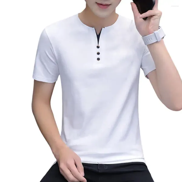 Camisetas para hombre, camiseta coreana holgada empalmada con botones de Color sólido con cuello en V a la moda, ropa para hombre, jerséis informales de otoño 2024, camiseta que combina con todo