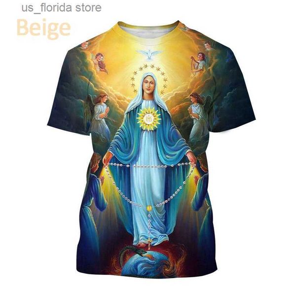 T-shirts pour hommes Mode Vierge Marie Impression 3D T-shirt Femme Chrétienne Mère de Dieu Personnalité Courte Slved Femmes T-shirts Hommes Vêtements Y240321