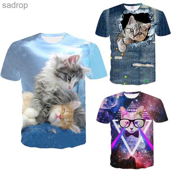 T-shirts masculins T-shirt de chat mignon à la mode 3D Animal mignon pour hommes Casual Owck Imprimé à manches courtes Top Y2K Unisexe Street Vêtements