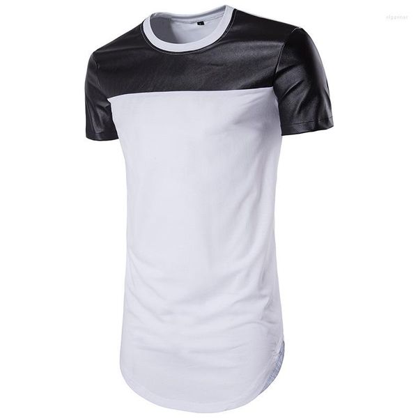 T-shirts pour hommes à la mode décontracté Simple couleur correspondant Patchwork en cuir à manches courtes T-shirt pour hommes ourlet circulaire col rond