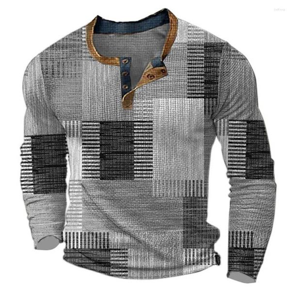 Camisetas para hombres Blusa con botones para hombre de moda Camisa ajustada con estampado y cuello en V Henley Manténgase elegante y cómodo