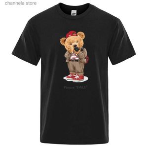Heren T-shirts Modieuze teddybeer maakt foto's voor mannen Bedrukte T-shirts losse oversized kleding Ronde hals katoen korte mouwen heren 80399 T240202