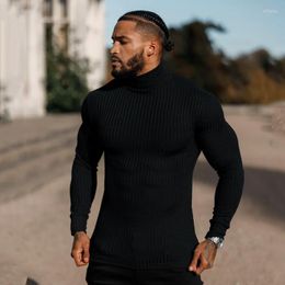 Heren T-shirts Father Sons Classic Black Ribbed Knit Roll Neck Pullover Heren T-shirt met lange mouwen Sport Fitness Strak Casual Bottom Shirt