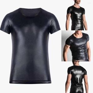 Heren T-shirts Kunstleer T-shirt Stretch Korte Mouw Top Shirt PU Wetlook Tee Slim Tops Kleding voor Mannen T-shirts