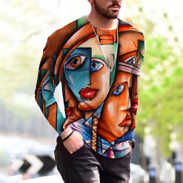 Camisetas de hombre Feitong 3d cara impresa camiseta artística hombres primavera verano Casual Slim manga larga camiseta Top hombre camiseta pulóveres