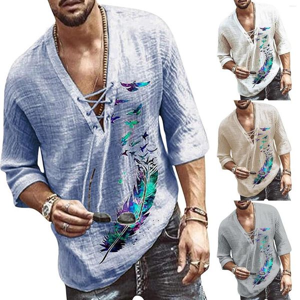 T-shirts pour hommes Feitong Feather Print Fashion Shirt Casual Loose Col V Frenulum Demi-manches Tops T-shirt Pulls T-shirts Hommes 2023