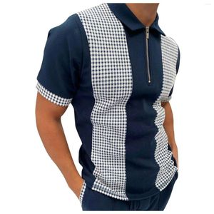 T-shirts pour hommes Feitong pour hommes Casual Patchwork Plaid Zipper Turn-down Col Swallow Gird Splice Luxe Mâle Tee Top