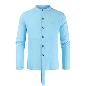 T-shirts pour hommes Feitong Streetwear Bow Casual pour hommes Coupe régulière à manches longues Solide Médiéval Col montant Bouton Chemise Ropa Hombre