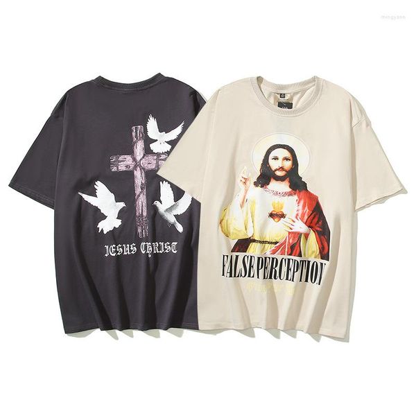 T-shirts pour hommes Figure Cross And Pigeon Print T-shirt à manches courtes pour hommes Summer Crew Neck Cotton Loose Top Tees Unisex Hip Hop Casual