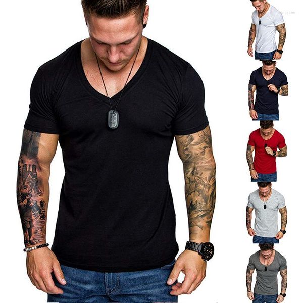 T-shirts pour hommes Fitness T-shirt Casual Col en V T-shirt à manches courtes Sports Slim Fit T-shirt Homme Bodybuilding Entraînement Vêtements d'été