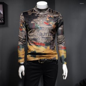 Camisetas para hombre, tela de franela, manga larga, ajustada, con estampado de moda, informal, para otoño e invierno, Camiseta ajustada con cuello medio alto