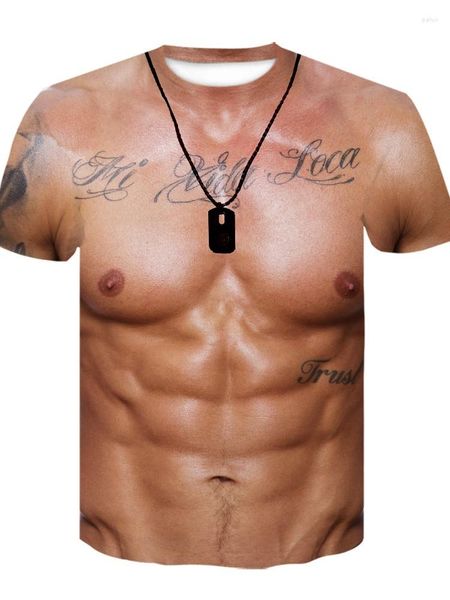 Camisetas para hombre, camiseta 3D para hombre, camiseta con tatuaje de músculo simulado para culturismo, camiseta informal con piel desnuda en el pecho, camiseta divertida de manga corta con cuello redondo