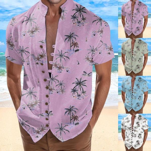 Camisetas para hombre, camisa de manga corta para vacaciones en la playa, botón de puño para hombre, cuello alto, camiseta con capas, túnica