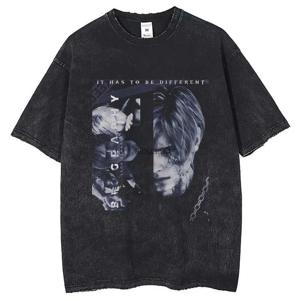 T-shirts pour hommes Friend Game Leon Kennedy Portrait Chemise à manches courtes imprimée 2024 Harajuku Summer Vintage Wash 250G Coton Mens Loose Round N