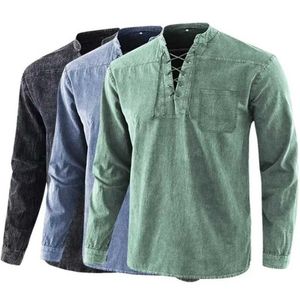 T-shirts pour hommes Chemises rétro à lacets sur le devant pour hommes Haut à manches longues Poche poitrine Style médiéval Col montant Tops Costume de cosplay médiéval masculin